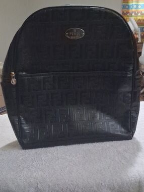 Fendi Black Embossed FF Logo Backpack with Gold Accents